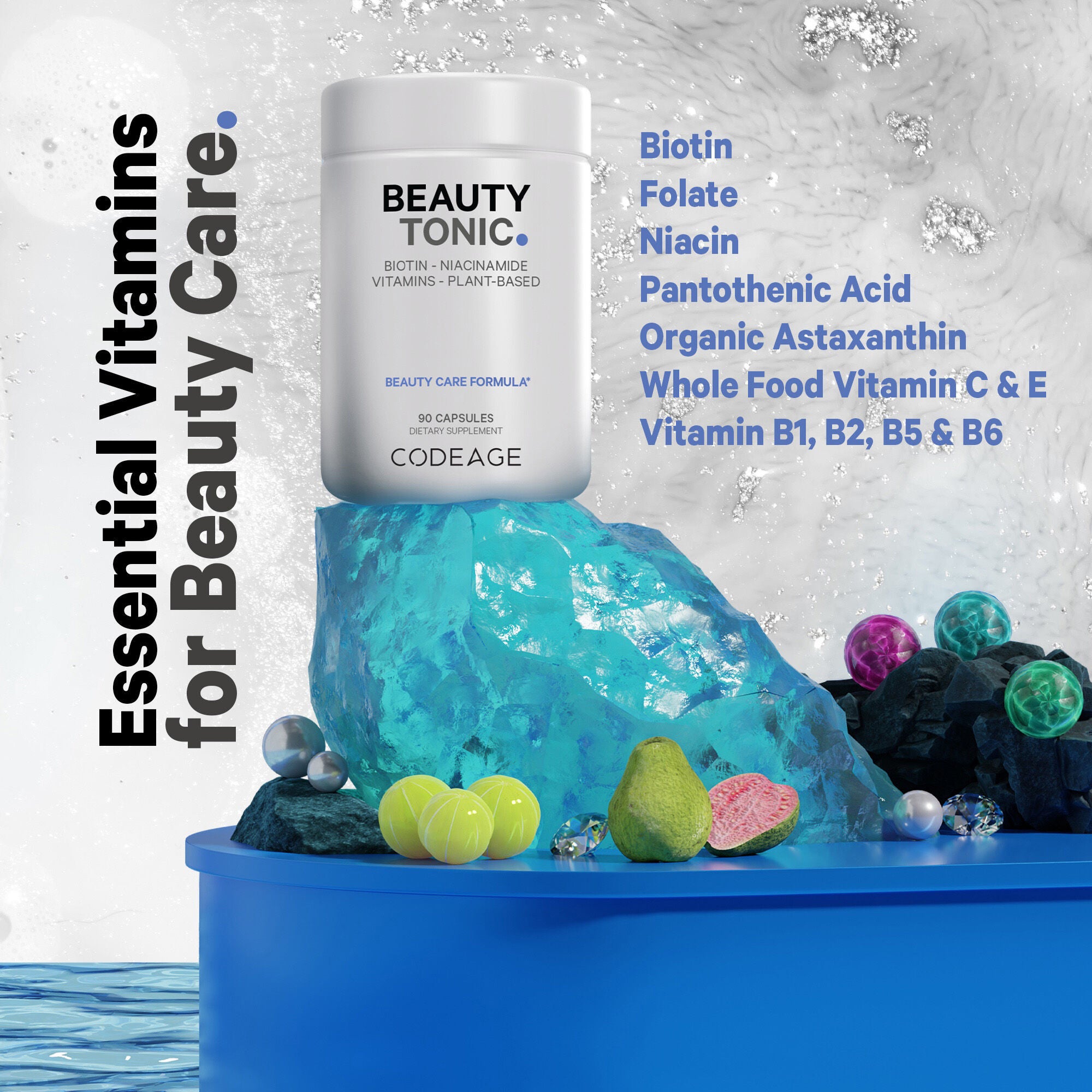 Beauty Tonic - Vegan Multivitamins - Biotin - Astaxanthin & Organic Blend - 90 Capsules (30 Servings)